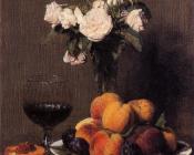 Still Life with Roses, Fruit and a Glass of Wine - 亨利·方丹·拉图尔